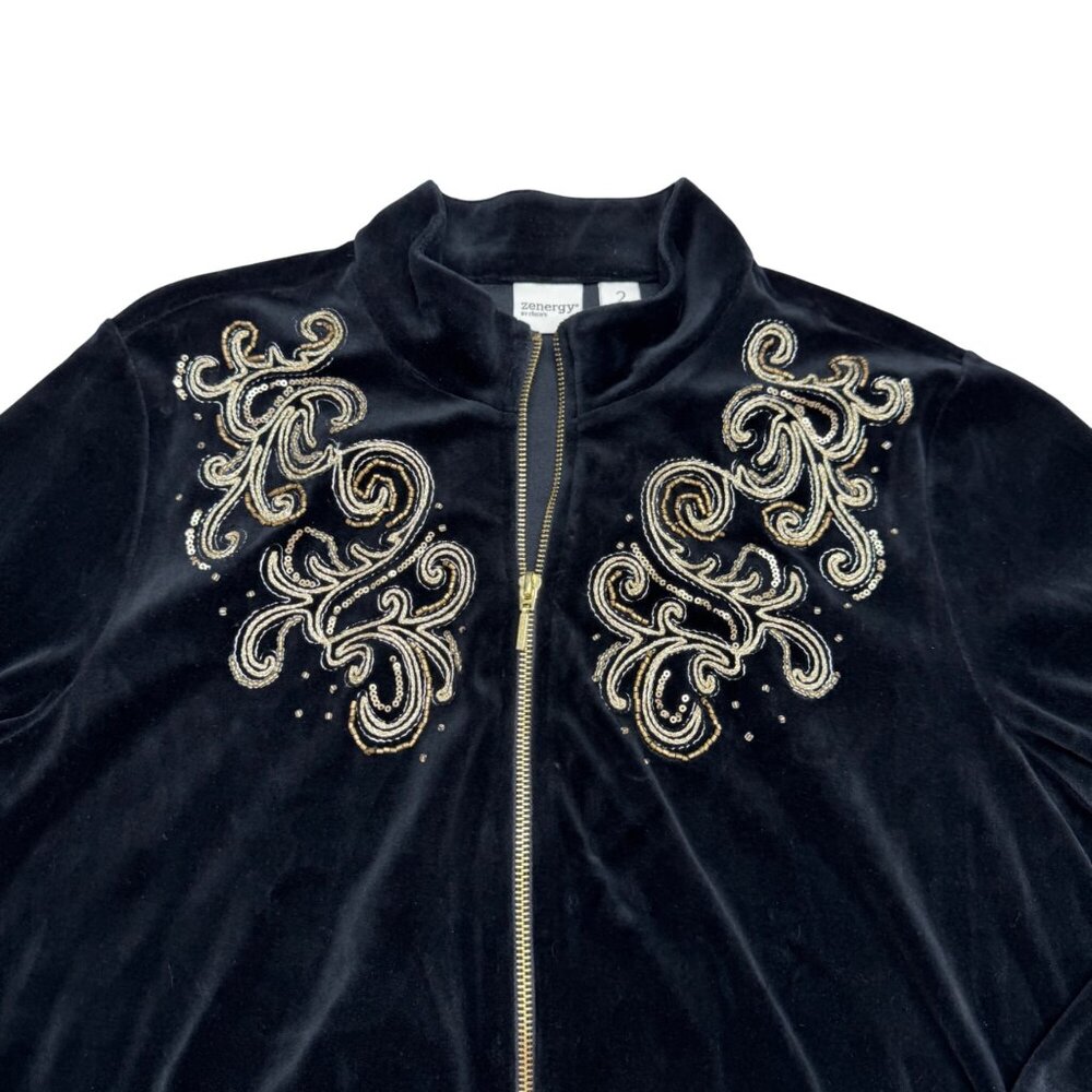 Chico's Zenergy Gold Embellished Velour Full Zip Jacket & Pants Set Women's Sz 2 - Picture 4 of 16